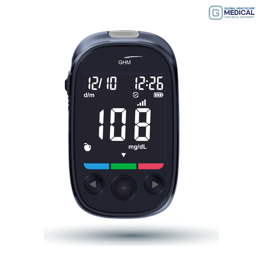 Global Healthcare Medical GHM Link Plus US blood glucose monitoring system - 4G-connected rechargeable blood glucose meter with 5-second test time, 0.5 µL sample, 10-600 mg/dL range, 500-result memory, and cloud synchronization for home glucose monitoring