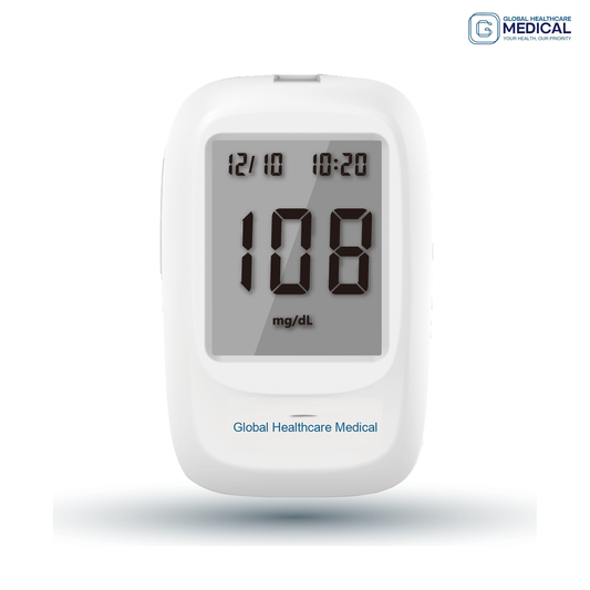 Global Healthcare Medical GHM Ino X US blood glucose monitoring system - Bluetooth-enabled blood glucose meter with 5-second test time, 20-600 mg/dL range, 1,000-result memory, large 47 mm × 37 mm display, and VivaGuard app connectivity for home glucose monitoring