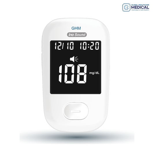 Global Healthcare Medical GHM Ino Sound US blood glucose monitoring system - Bluetooth-enabled blood glucose meter with 5-second test time, 20-600 mg/dL range, 1,000-result memory, and Guard app connectivity for home glucose monitoring