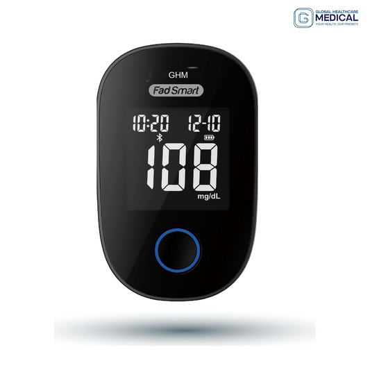 Global Healthcare Medical GHM Fad Smart US blood glucose monitoring system - Bluetooth-enabled rechargeable blood glucose meter with 5-second test time, 10-600 mg/dL range, 500-result memory, ketone warning, and Guard app connectivity for home glucose monitoring
