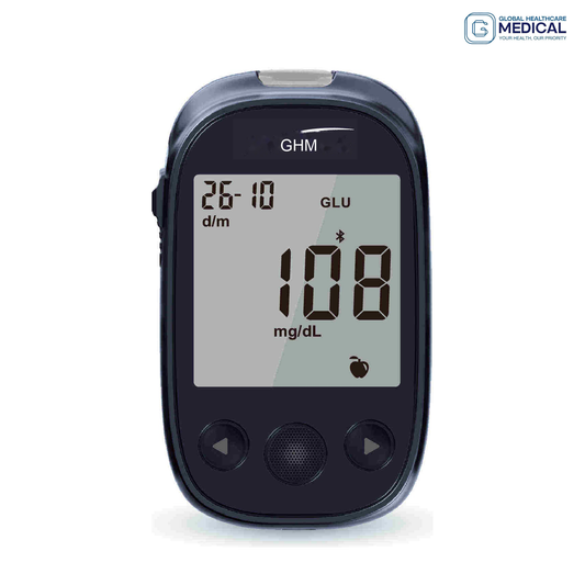 Global Healthcare Medical GHM 6IN1 US multi-function monitoring system - Six-in-one meter for glucose, ketone, hemoglobin, total cholesterol, and uric acid testing with optional Bluetooth connectivity, 1,000-result memory, and Guard app compatibility for home health monitoring