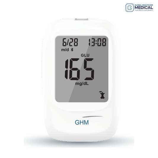 Global Healthcare Medical GHM X US multi-function monitoring system - Three-in-one meter for glucose, ketone, and uric acid testing with optional Bluetooth connectivity, 1,000-result memory, strip ejector, and Guard app compatibility for home health monitoring