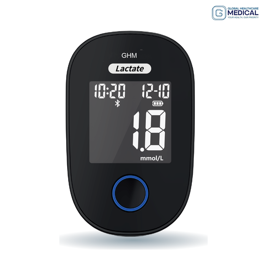 Global Healthcare Medical GHM Lactate US blood lactate analyzer - Bluetooth-enabled rechargeable lactate meter with 10-second test time, 0.5-25 mmol/L range, 500-result memory, backlit display, and Guard app connectivity for training and wellness monitoring