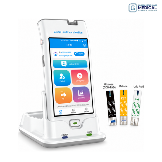 Global Healthcare Medical GHM Pro US multi-function monitoring system - Professional hospital-grade meter for glucose, ketone, and uric acid testing with 4.5-inch color touch screen, infrared barcode scanner, strip ejector, LAN/WiFi/Bluetooth connectivity, 10,000-patient memory, and HIS/LIS/EMR integration for clinical point-of-care testing