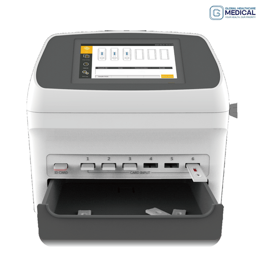 Global Healthcare Medical GHM VIM1000M6 US POCT Analyzer - Professional fluorescence immunochromatography analyzer with 7-inch LCD touchscreen, 30+ parameter detection via barcode identification, integrated thermal printer, 50,000-result memory, batch testing capability, and RS232/USB/COM connectivity for point-of-care and clinical diagnostic testing