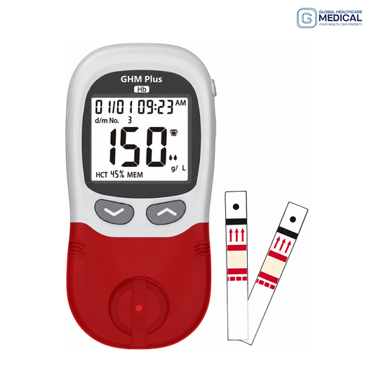 Global Healthcare Medical GHM HB US Plus Hemoglobin Testing System - portable hand-held analyzer for quantitative determination of total hemoglobin in capillary or venous whole blood with 3-second test time, 15 μL sample volume, reagent-free microcuvettes, and 1,000-result memory for anemia screening and hemoglobin monitoring