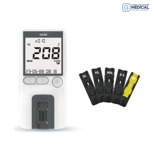 Global Healthcare Medical GHM Lipid US Lipid Testing System - portable hand-held analyzer for quantitative determination of total cholesterol, HDL, triglycerides, LDL and TC/HDL ratio in capillary or venous whole blood, serum, or plasma with 2-minute test time, small sample volume, and 200-record memory for lipid disorder management