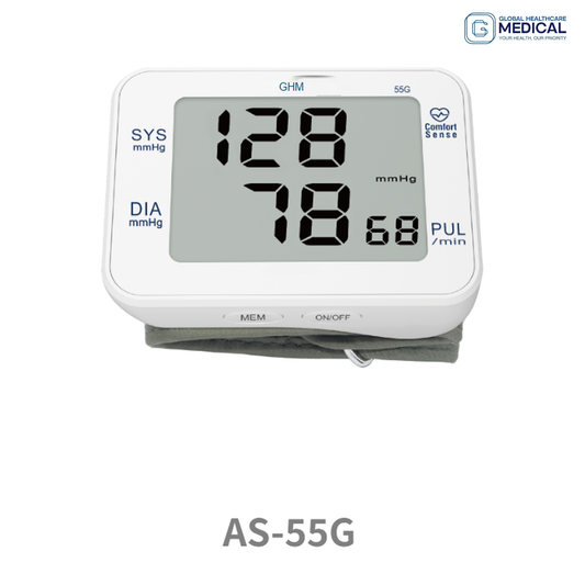 Global Healthcare Medical GHM AS-55G US wrist blood pressure monitoring system with automatic inflation and deflation, 60-reading memory, irregular heartbeat detection, excessive body movement detection, and compact wrist design for professional and home use