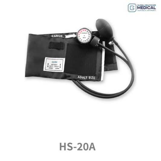Global Healthcare Medical GHM HS-20A US aneroid sphygmomanometer with Korotkoff sound measurement method, 0–300 mmHg range, ±3 mmHg accuracy, 2 mmHg scale graduation, and durable manual design for professional clinical blood pressure measurement
