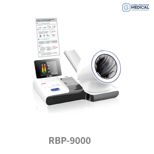Global Healthcare Medical GHM RBP-9000 US blood pressure monitoring system with pulsewave measurement method, embedded high-speed thermal printer, 0–300 mmHg range, 17–42 cm cuff, 100-set memory, and horizontal 10° adjustment for professional and community blood pressure assessment