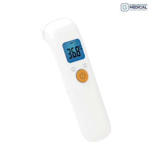 Global Healthcare Medical GHM HA-620 US infrared forehead thermometer with non-contact 1-second measurement, dual body/object mode, 34.0–43.0°C body range, ±0.2°C accuracy, jumbo LCD with backlight, fever alarm, 20-reading memory, and >6,000 test battery life for professional and home temperature measurement