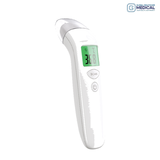 Global Healthcare Medical GHM KFT-22 US infrared forehead thermometer with non-contact 1-second measurement, dual body/object mode, body range 32.0–42.9°C, ±0.2°C body accuracy, IP22 waterproof rating, jumbo LCD with backlight, fever alarm, and 20-reading memory for professional and home temperature measurement
