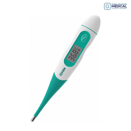 Global Healthcare Medical GHM KFT-03 US digital thermometer with flexible tip, 1-minute oral/rectal and 5-minute axillary measurement, 32.0–42.9°C range, ±0.1°C accuracy, jumbo LCD display, °F/°C switchable, and 1-reading memory for professional and home temperature measurement