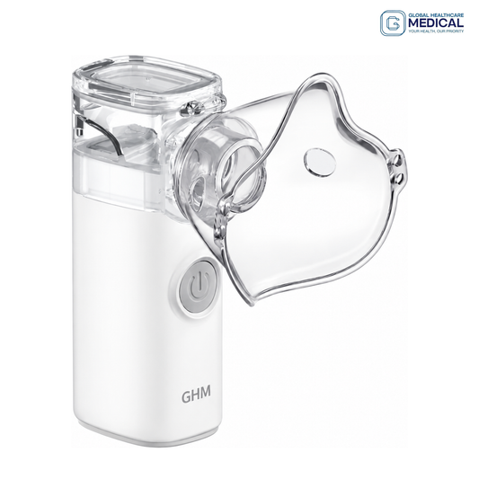 Global Healthcare Medical GHM M7 US mesh nebulizer with vibrating mesh technology, ≤3 μm particle size, ≥0.2 mL/min nebulization rate, ≤50 dB quiet operation, 8 mL medication capacity, and battery or USB power for professional and home use