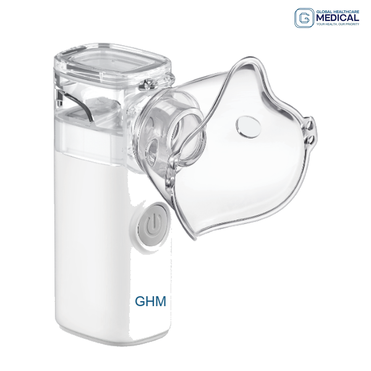 Global Healthcare Medical GHM M11 US mesh nebulizer with vibrating mesh technology, ≤3 μm particle size, ≥0.2 mL/min nebulization rate, ≤50 dB quiet operation, 8 mL medication capacity, and AA battery or USB power for professional and home use