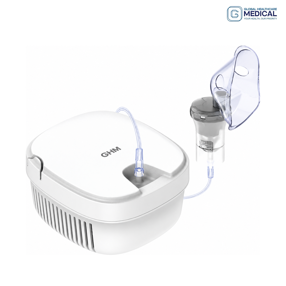Global Healthcare Medical GHM C14 US AC compressor nebulizer with ≥0.25 mL/min nebulization rate, ≤3 μm particle size, 200–350 kPa nebulization pressure, ≤65 dB quiet operation, and AC power for professional and home use