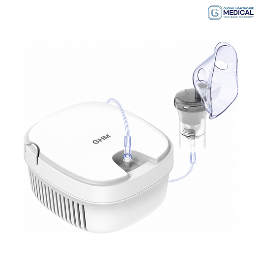 Global Healthcare Medical GHM C14 US AC compressor nebulizer with ≥0.25 mL/min nebulization rate, ≤3 μm particle size, 200–350 kPa nebulization pressure, ≤65 dB quiet operation, and AC power for professional and home use