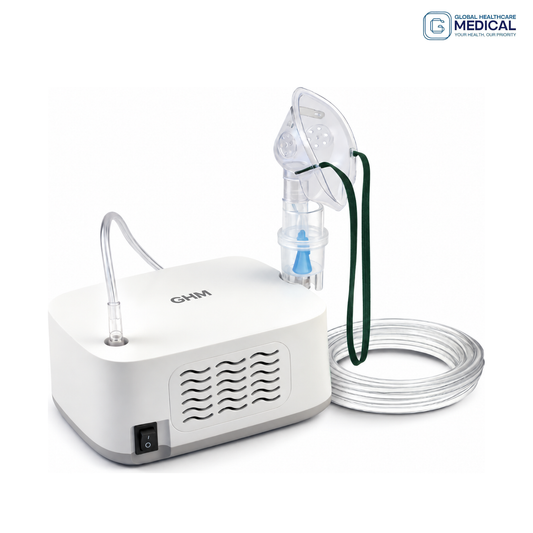 Global Healthcare Medical GHM NB-213C US AC compressor nebulizer with ≥0.2 mL/min nebulization rate, MMAD ≤5 μm, FPF >60%, 60–180 kPa nebulization pressure, ≤60 dB quiet operation, and 10 mL capacity for professional and home use