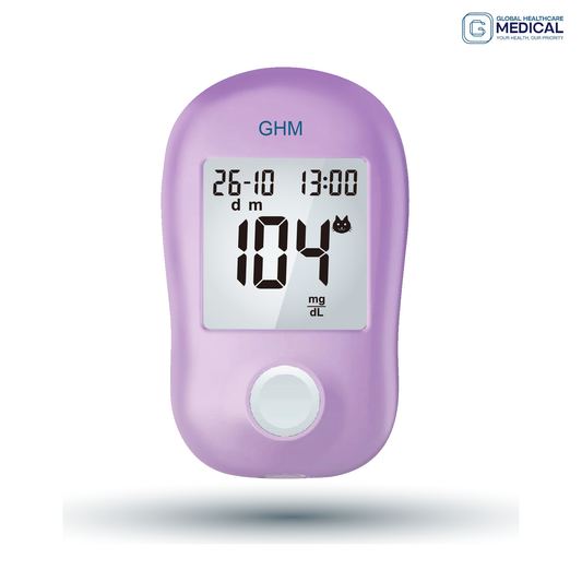 Global Healthcare Medical GHM VQpet H US veterinary blood glucose monitoring system for cats, dogs, rats, and rabbits with 5-second test time, 0.5 μL sample volume, GDH-FAD enzyme technology, auto-calibration, and 300-record memory for pet diabetes management