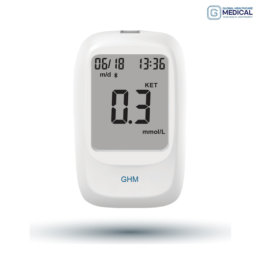 Global Healthcare Medical GHM Vetsight US cow blood ketone monitoring system calibrated for cows with 10-second test time, 0.8 μL sample volume, 0.0–8.0 mmol/L range, Bluetooth connectivity, strip ejector, and 1,000-record memory for bovine subclinical ketosis detection