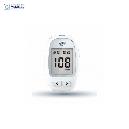 Global Healthcare Medical GHM Fad US blood glucose monitoring system - compact automatic blood glucose meter with 5-second test time, 0.5 µL sample, 10-600 mg/dL range, and 900-result memory for home glucose monitoring