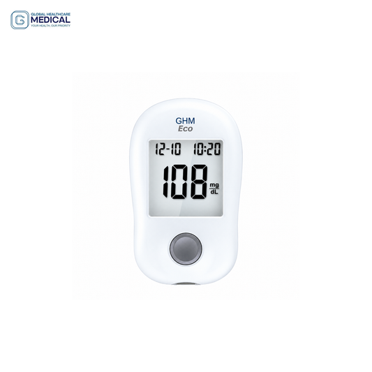 Global Healthcare Medical GHM Eco US blood glucose monitoring system - compact automatic blood glucose meter with 5-second test time, 0.5 µL sample, 20-600 mg/dL range, and 300-result memory for home glucose monitoring