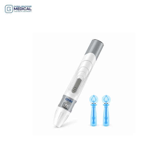 Global Healthcare Medical GHM Lancing Device & Lancets US - Sterile single-use lancets, safety lancets with sharps injury prevention, pen needles for insulin pens, and adjustable depth lancing device for comfortable capillary blood sampling and diabetes testing