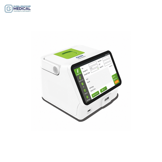 Global Healthcare Medical GHM VIM3000 US FIA Analyzer - Professional fluorescence immunochromatography analyzer with 7-inch LCD touchscreen, batch testing capability, 30+ parameter detection via QR code scanning, integrated thermal printer, and RJ-45 network connectivity for point-of-care and clinical diagnostic testing