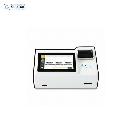 Global Healthcare Medical GHM VIM1000 US FIA Analyzer - Professional fluorescence immunochromatography analyzer with 7-inch LCD touchscreen, 30+ parameter detection via code chip scanning, integrated thermal printer, 50,000-result memory, and RS232/USB/COM connectivity for point-of-care and clinical diagnostic testing
