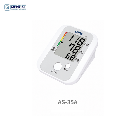 Global Healthcare Medical GHM AS-35A US upper arm blood pressure monitoring system with automatic inflation and deflation, WHO blood pressure indicator, 60-reading memory, excessive body movement detection, and large LCD display for professional and home use