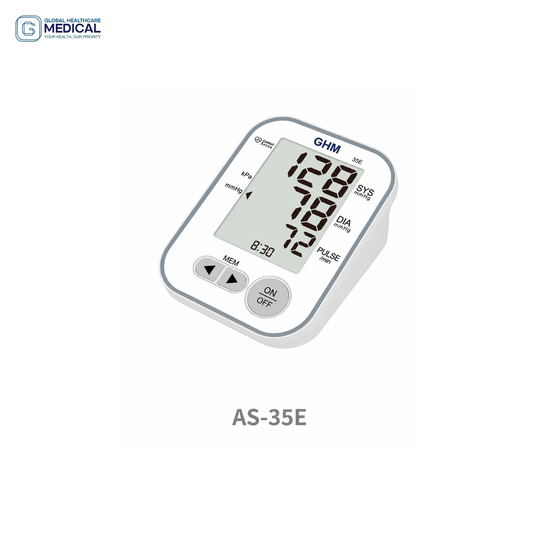 Global Healthcare Medical GHM AS-35E US upper arm blood pressure monitoring system with large LCD display, date/time display, memory function with MEM and arrow buttons, kPa/mmHg unit switching, and simple ON/OFF operation for professional and home use