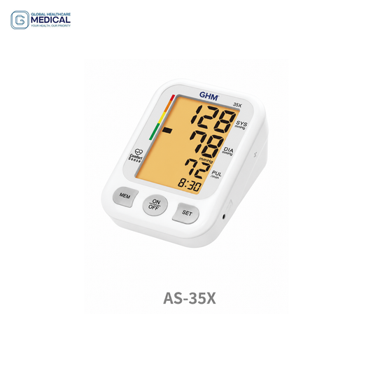Global Healthcare Medical GHM AS-35X US upper arm blood pressure monitoring system with backlit LCD display, 120-reading memory, irregular heartbeat detection, excessive body movement detection, date/time display, and optional talking function for professional and home use
