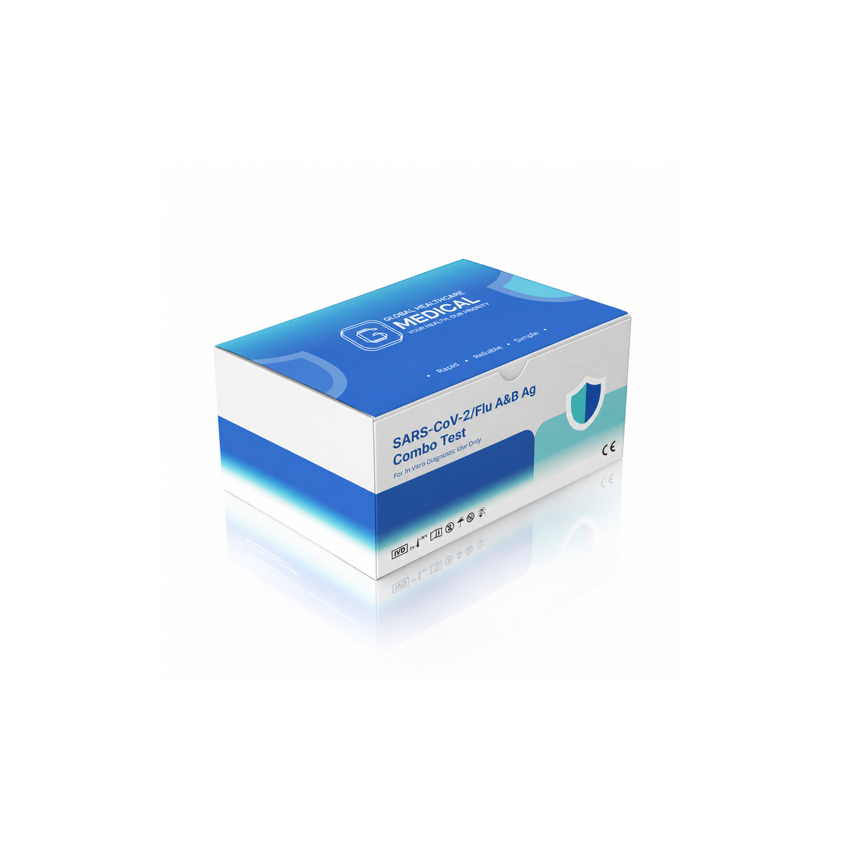 Global Healthcare Medical GHM SARS-CoV-2 / Flu A&B Antigen Combo Rapid Test US - Colloidal gold immunochromatography kit for qualitative detection and differentiation of SARS-CoV-2, Influenza A, and Influenza B antigens in nasal swab specimens with 15-minute results, CE marked and ISO 13485 certified for professional point-of-care use