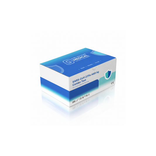 Global Healthcare Medical GHM SARS-CoV-2 / Flu A&B Antigen Combo Rapid Test US - Colloidal gold immunochromatography kit for qualitative detection and differentiation of SARS-CoV-2, Influenza A, and Influenza B antigens in nasal swab specimens with 15-minute results, CE marked and ISO 13485 certified for professional point-of-care use