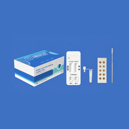 Global Healthcare Medical GHM SARS-CoV-2 / Flu A&B Antigen Combo Rapid Test US - Colloidal gold immunochromatography kit for qualitative detection and differentiation of SARS-CoV-2, Influenza A, and Influenza B antigens in nasal swab specimens with 15-minute results, CE marked and ISO 13485 certified for professional point-of-care use