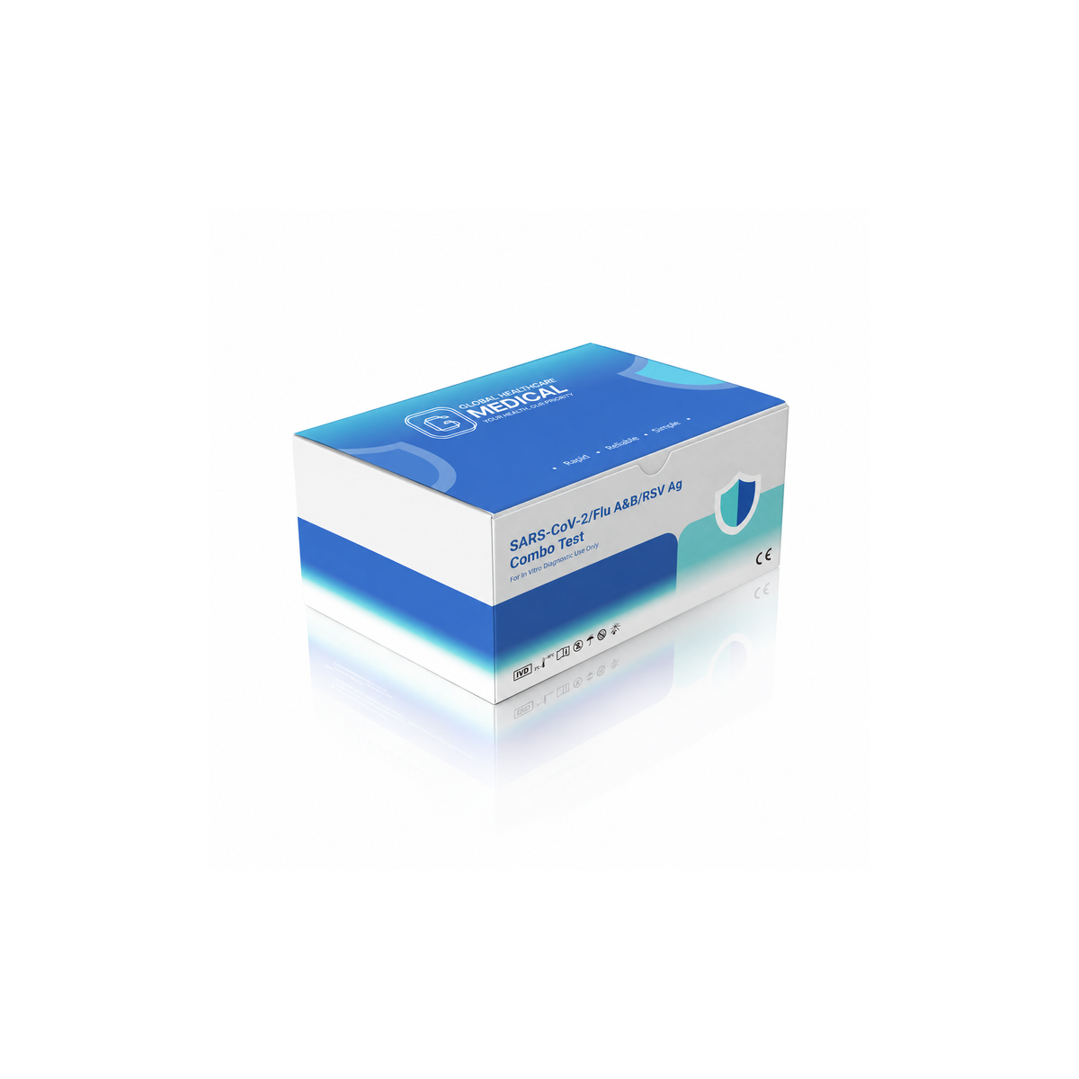 Global Healthcare Medical GHM SARS-CoV-2 / Flu A&B / RSV Antigen Combo Test US - Colloidal gold immunochromatography kit for qualitative detection and differentiation of SARS-CoV-2, Influenza A, Influenza B, and RSV antigens in nasal or nasopharyngeal swab specimens with 8-minute results, CE marked and ISO 13485 certified for professional point-of-care use