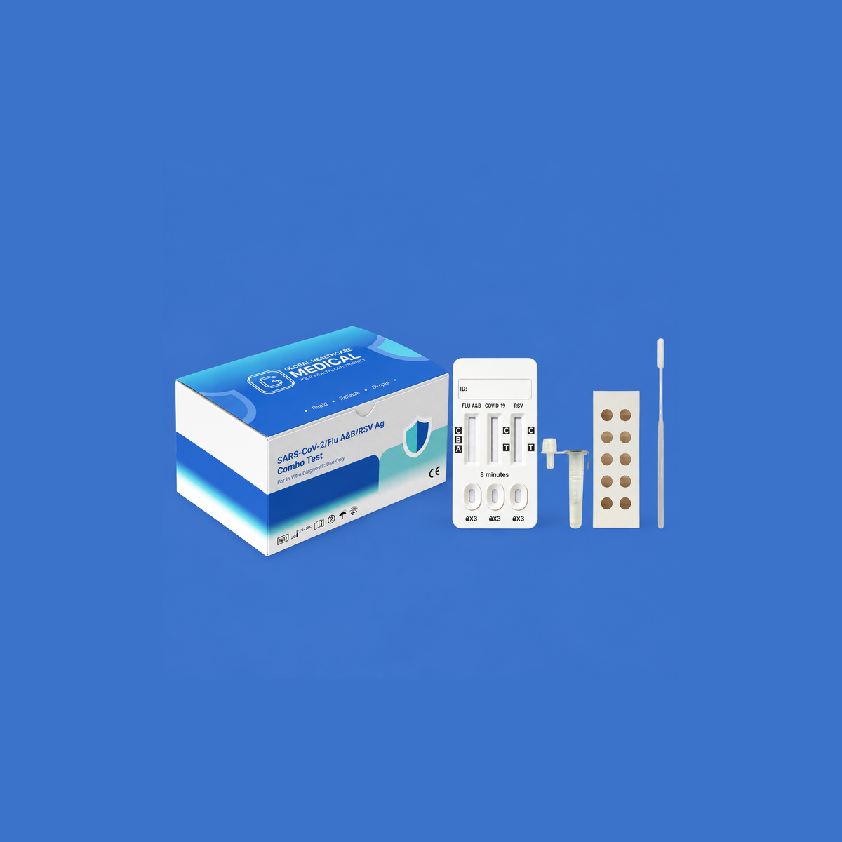 Global Healthcare Medical GHM SARS-CoV-2 / Flu A&B / RSV Antigen Combo Test US - Colloidal gold immunochromatography kit for qualitative detection and differentiation of SARS-CoV-2, Influenza A, Influenza B, and RSV antigens in nasal or nasopharyngeal swab specimens with 8-minute results, CE marked and ISO 13485 certified for professional point-of-care use