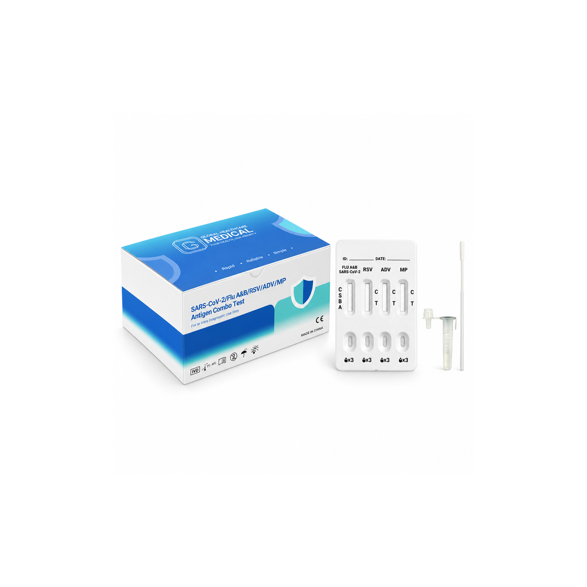 GHM SARS-CoV-2 / Flu A&B / RSV / ADV / MP Antigen Combo Rapid Test US – 6-in-1 Qualitative Detection of SARS-CoV-2, Influenza A & B, RSV, Adenovirus, and Mycoplasma pneumoniae Antigens with 8-Minute Results