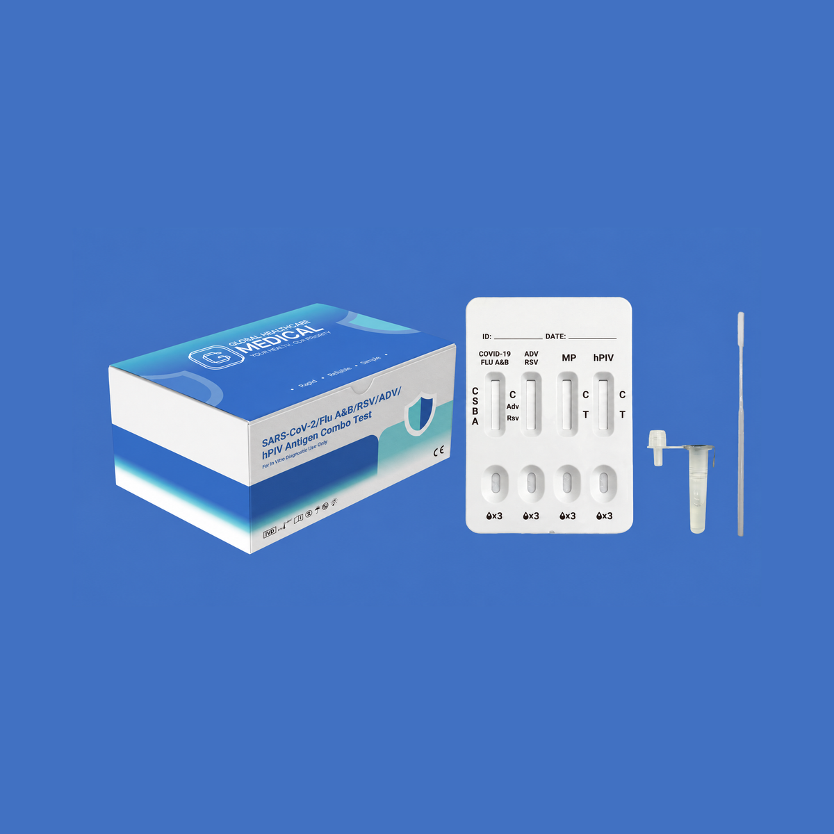 Global Healthcare Medical GHM SARS-CoV-2 / Flu A&B / RSV / ADV / hPIV Antigen Combo Rapid Test US - Colloidal gold immunochromatography kit for qualitative detection and differentiation of SARS-CoV-2, Influenza A, Influenza B, RSV, Adenovirus, and Human Parainfluenza Virus antigens in nasal or nasopharyngeal swab specimens with 8-minute results, CE marked and ISO 13485 certified for professional point-of-care use