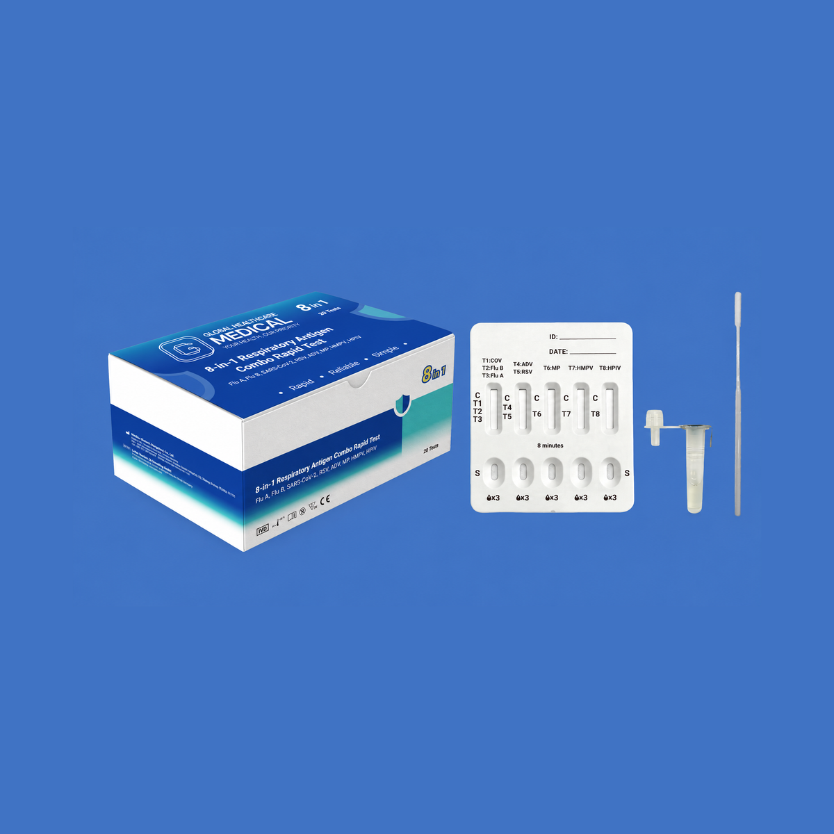 Global Healthcare Medical GHM SARS-CoV-2 / Flu A&B / RSV / ADV / MP / HMPV / HPIV Antigen Combo Rapid Test US - Colloidal gold immunochromatography kit for qualitative detection and differentiation of SARS-CoV-2, Influenza A, Influenza B, RSV, Adenovirus, Mycoplasma pneumoniae, Human Metapneumovirus, and Human Parainfluenza Virus antigens in nasal or nasopharyngeal swab specimens with 15-minute results, CE marked and ISO 13485 certified for professional point-of-care use