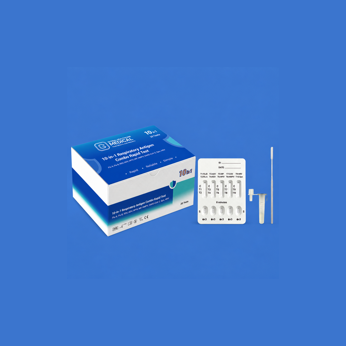 Global Healthcare Medical GHM SARS-CoV-2 / Flu A&B / RSV / ADV / MP / HPIV / HMPV / HRV / Spn Antigen Combo Rapid Test US - Colloidal gold immunochromatography kit for qualitative detection and differentiation of SARS-CoV-2, Influenza A, Influenza B, RSV, Adenovirus, Mycoplasma pneumoniae, Human Parainfluenza Virus, Human Metapneumovirus, Human Rhinovirus, and Streptococcus pneumoniae antigens in nasal or nasopharyngeal swab specimens with 8-minute results, CE marked and ISO 13485 certified for professional
