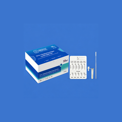 Global Healthcare Medical GHM SARS-CoV-2 / Flu A&B / RSV / ADV / MP / HPIV / HMPV / HRV / Spn Antigen Combo Rapid Test US - Colloidal gold immunochromatography kit for qualitative detection and differentiation of SARS-CoV-2, Influenza A, Influenza B, RSV, Adenovirus, Mycoplasma pneumoniae, Human Parainfluenza Virus, Human Metapneumovirus, Human Rhinovirus, and Streptococcus pneumoniae antigens in nasal or nasopharyngeal swab specimens with 8-minute results, CE marked and ISO 13485 certified for professional