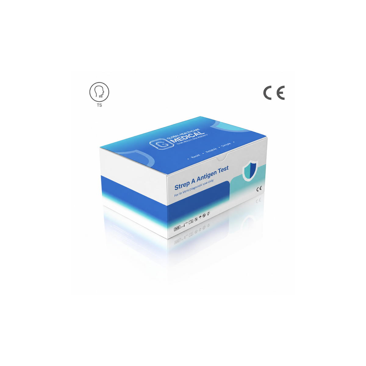 Global Healthcare Medical GHM Strep A Antigen Rapid Test US - Colloidal gold immunochromatography kit for qualitative detection of Group A Streptococcus antigen from throat swab specimens with positive results in 5 minutes, 97.6% sensitivity and 97.5% specificity, CE marked and ISO 13485 certified for professional point-of-care use
