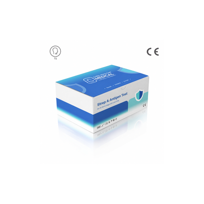 Global Healthcare Medical GHM Strep A Antigen Rapid Test US - Colloidal gold immunochromatography kit for qualitative detection of Group A Streptococcus antigen from throat swab specimens with positive results in 5 minutes, 97.6% sensitivity and 97.5% specificity, CE marked and ISO 13485 certified for professional point-of-care use