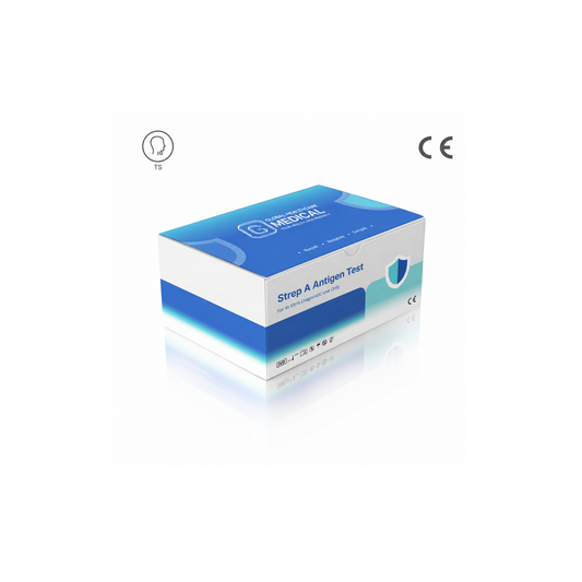 Global Healthcare Medical GHM Strep A Antigen Rapid Test US - Colloidal gold immunochromatography kit for qualitative detection of Group A Streptococcus antigen from throat swab specimens with positive results in 5 minutes, 97.6% sensitivity and 97.5% specificity, CE marked and ISO 13485 certified for professional point-of-care use