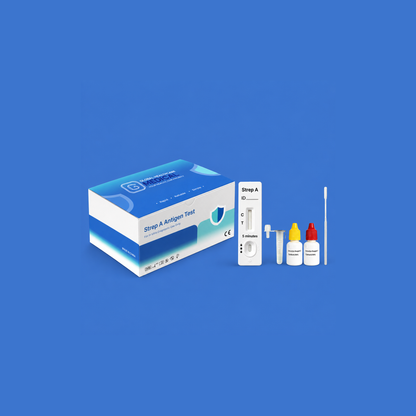Global Healthcare Medical GHM Strep A Antigen Rapid Test US - Colloidal gold immunochromatography kit for qualitative detection of Group A Streptococcus antigen from throat swab specimens with positive results in 5 minutes, 97.6% sensitivity and 97.5% specificity, CE marked and ISO 13485 certified for professional point-of-care use