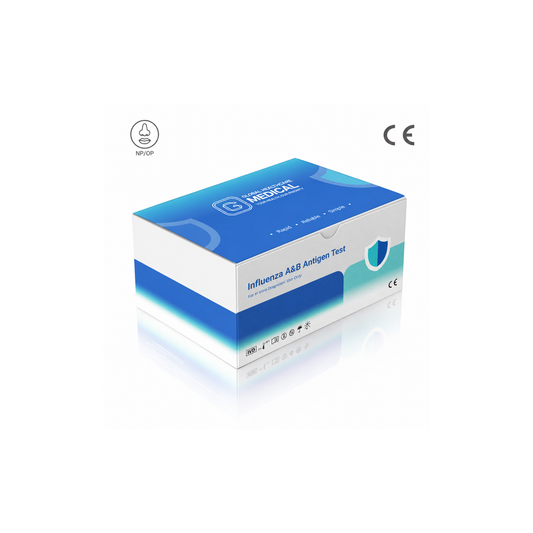 Global Healthcare Medical GHM Flu A&B Antigen Rapid Test US - Colloidal gold immunochromatography kit for qualitative detection and differentiation of Influenza A and Influenza B nucleoprotein antigens in nasal or nasopharyngeal swab specimens with 8-minute results, 95.7% sensitivity for Flu A and 98.4% sensitivity for Flu B, CE marked and ISO 13485 certified for professional point-of-care use