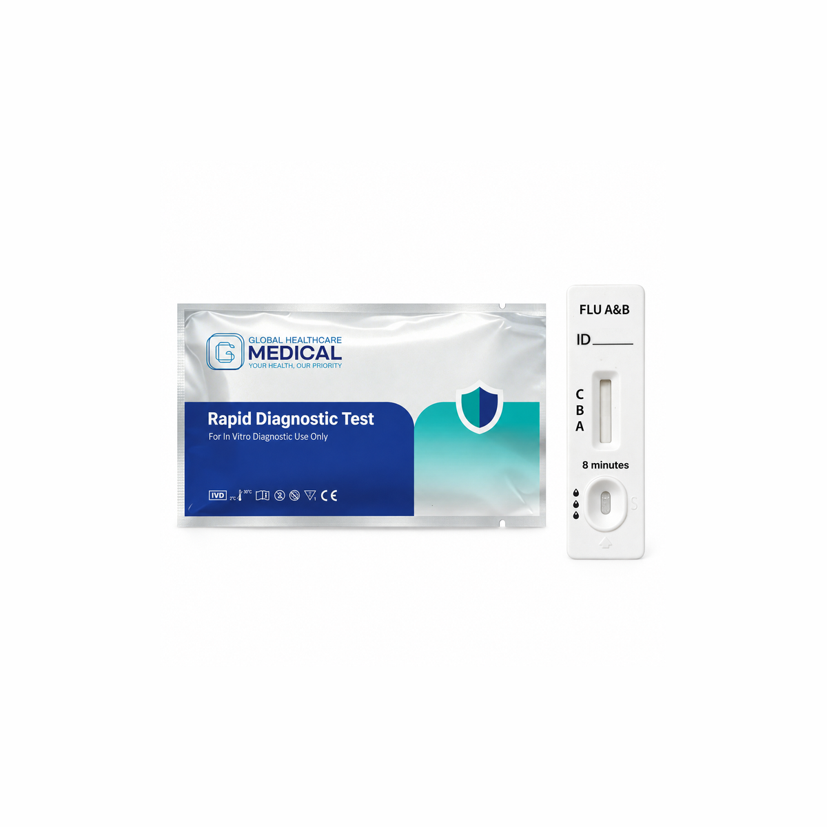 Global Healthcare Medical GHM Flu A&B Antigen Rapid Test US - Colloidal gold immunochromatography kit for qualitative detection and differentiation of Influenza A and Influenza B nucleoprotein antigens in nasal or nasopharyngeal swab specimens with 8-minute results, 95.7% sensitivity for Flu A and 98.4% sensitivity for Flu B, CE marked and ISO 13485 certified for professional point-of-care use