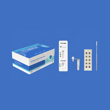 Global Healthcare Medical GHM Flu A&B Antigen Rapid Test US - Colloidal gold immunochromatography kit for qualitative detection and differentiation of Influenza A and Influenza B nucleoprotein antigens in nasal or nasopharyngeal swab specimens with 8-minute results, 95.7% sensitivity for Flu A and 98.4% sensitivity for Flu B, CE marked and ISO 13485 certified for professional point-of-care use