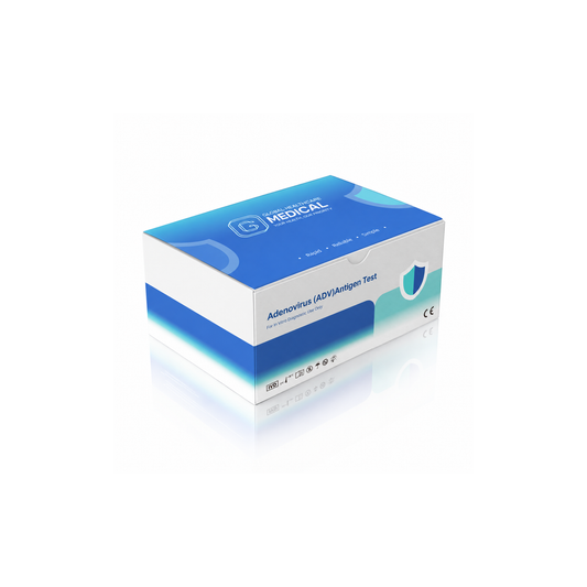 Global Healthcare Medical GHM Adenovirus Antigen Rapid Test US - Colloidal gold immunochromatography kit for qualitative detection of adenovirus antigen in nasal or nasopharyngeal swab specimens with 8-minute results, 96.2% sensitivity and 98.9% specificity, CE marked and ISO 13485 certified for professional point-of-care use